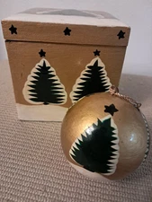 Hand Painted Wood Lacquer Holly Xmas Tree Ornament & Box Made in India VTG