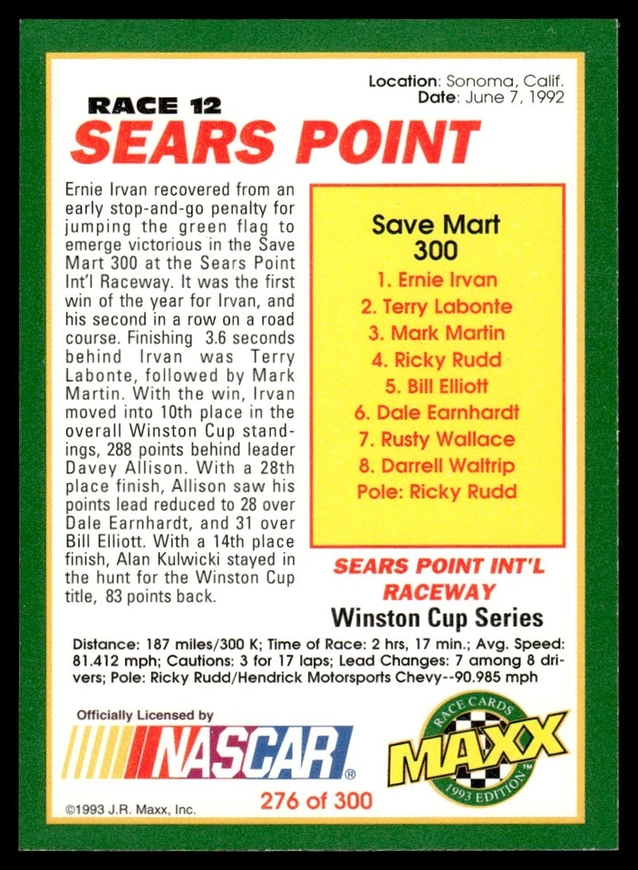 1993 Maxx Ernie Irvan/Year in Review #276 9834 - Image 2 of 2