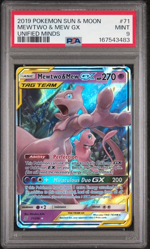 2019 POKEMON SUN & MOON UNIFIED MINDS #71 MEWTWO & MEW GX PSA 9