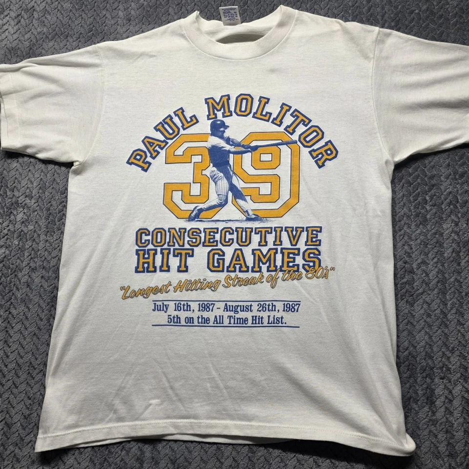 Camiseta De Colección 1987 Cerveceros Paul Molitor 39 Juegos de Éxitos Consecutivos Para Hombre L EE. UU. Foto 2 de 4