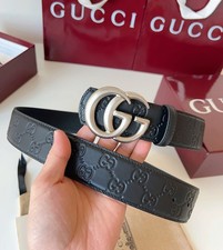 New Men's Gucci Black Calfskin GG Embossed Reversible Belt Silver GG Buckle 40mm