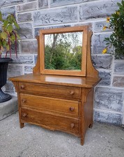 Antique 3 Drawer Wood Salesman Sample Doll Dresser Chest, Tilting Mirror