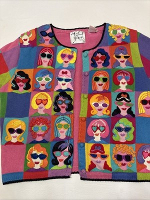 Vintage Michael Simon Sweater Faces Size L Cardigan Short Sleeve The Nanny