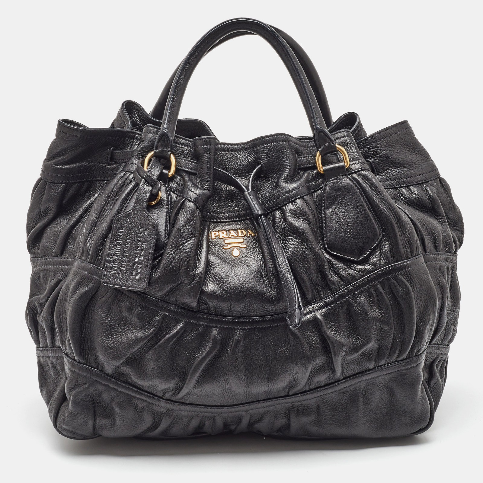 Prada Black Leather Cervo Drawstring Shoulder Bag