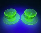Set Of Two Vintage Green Federal Uranium Glass Sherbets & Saucers Signed