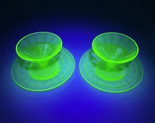 Set Of Two Vintage Green Federal Uranium Glass Sherbets & Saucers Signed