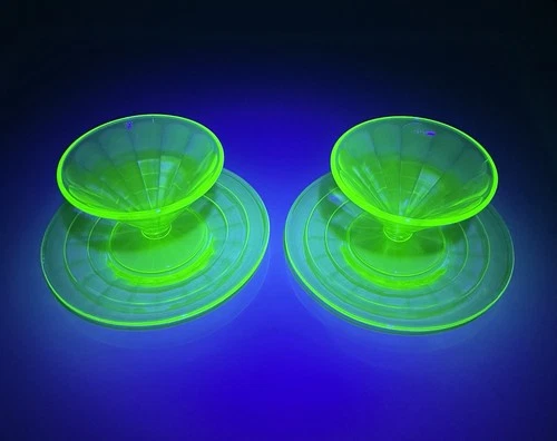 Set Of Two Vintage Green Federal Uranium Glass Sherbets & Saucers Signed