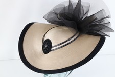 Vtg 80s 90s Wide Brim Bow Brooch Kentucky Derby Church Wedding Hat Womens 23.5"