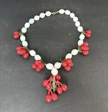 Vintage Red Cherry Fashion Lucite Necklace MCM Red  White Statement Necklace