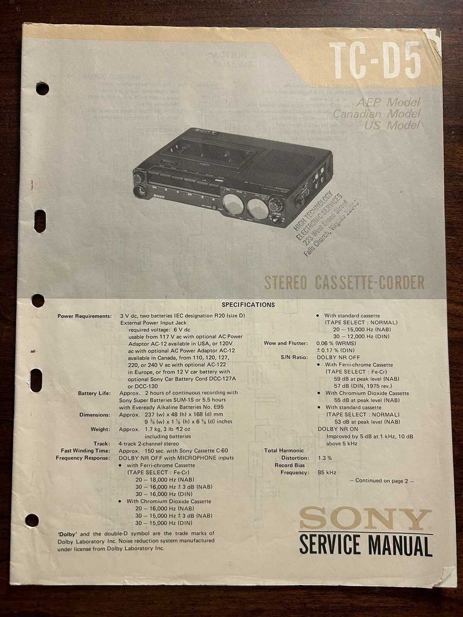 超超超希少 SONY TC-D5 ステレオカセットレコーダー 取扱説明書付 Sony TC-D5 Cassette-Corder Tape Recorder Service Manual Original