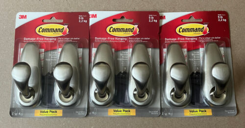 3x2ct Large Brushed Nickel Metal Command Hooks, 5 lb, FC13-BN-2ES, Hanging 3M