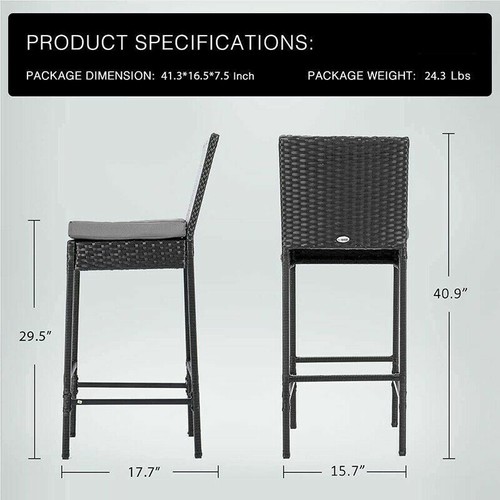 2pcs Outdoor Wicker Barstool Patio Rattan Furniture Bar Stools w/ Cushions Black - Picture 6 of 6