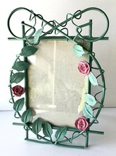 Vtg Metal Picture Frame w Glass Ornate Green Vine Leaf  Pink Rose for 5  x7  