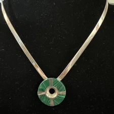 Taxco Mexico 925 Sterling Malachite Round  Dangle Collar Necklace Modernist