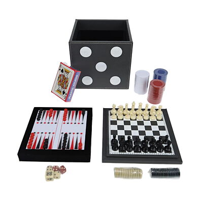 5-in-1 Game Combo Set in Dice Box with Gray Leatherette Chess Checkers & more