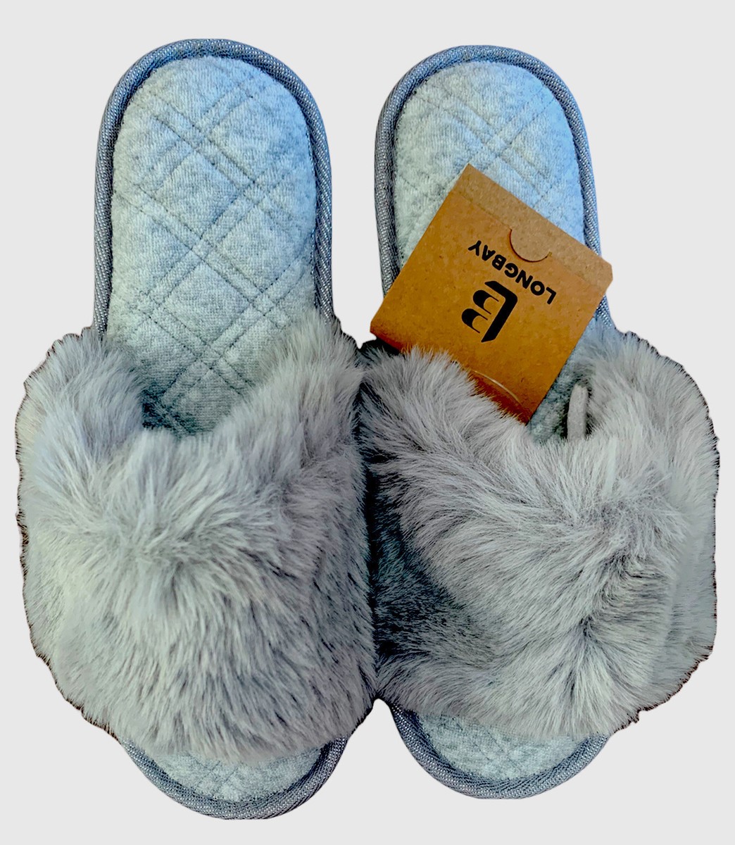 LongBay Women's Faux Fur Memory Foam Slippers Comfy Grey Size 7-8