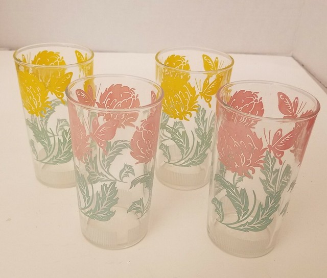 Vintage Drinking Glasses 6 Oz Butterfly Flower Motif 4 Glasses Yelliw Pink eBay