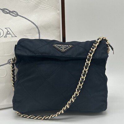 PRADA Quilted Tessuto Nylon Gold Chain Flap Tote Shoulder Bag Black from Japan