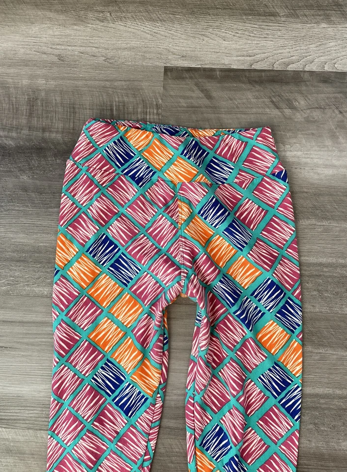 LulaRoe Coloridos Leggings Cuadrados O/S Naranja Rosa Azul S Pantalones Elásticos Foto 2 de 4