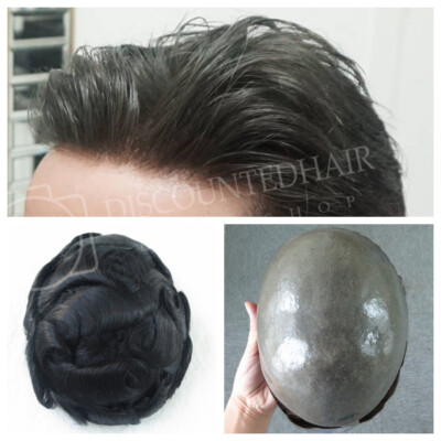 Mens Human Hair Replacement System Poly Skin Toupee Natural Black Hairpiece#1C