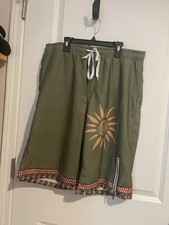 Mens Green Drawstring Shorts Size L Zipper On Left Leg Skater. Surfer. Beachy