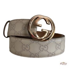 Authentic Gucci Cream Guccissima Leather Gold Interlocking G Buckle Belt 80/32
