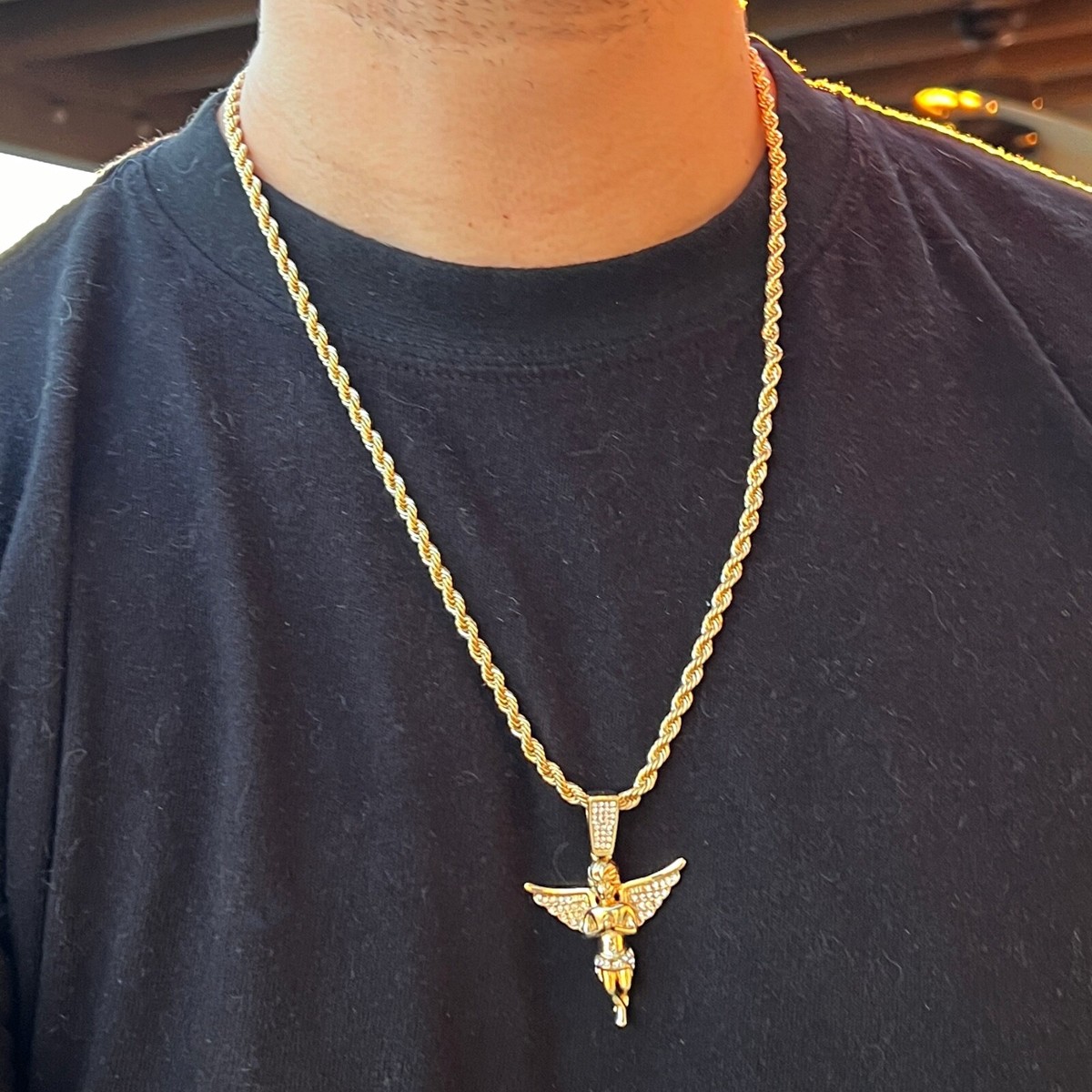 14k Gold Plated Praying Angel Pendant Iced CZ Wings Rope