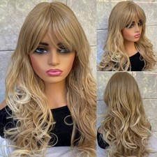 Long Wavy Blonde Lights Mix Synthetic Hair Wigs With Bangs Women Soft Natural