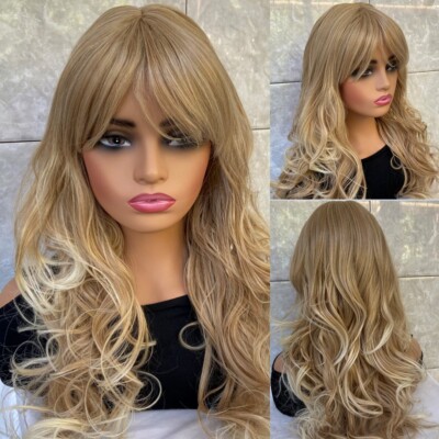 Long Natural Wavy Blonde Mix Human Hair Blend Heat Ok Wigs Women Soft Natural
