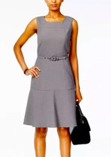 Nine West Women's The Essential Belted Fit & Flare Gray Dress 14 XL