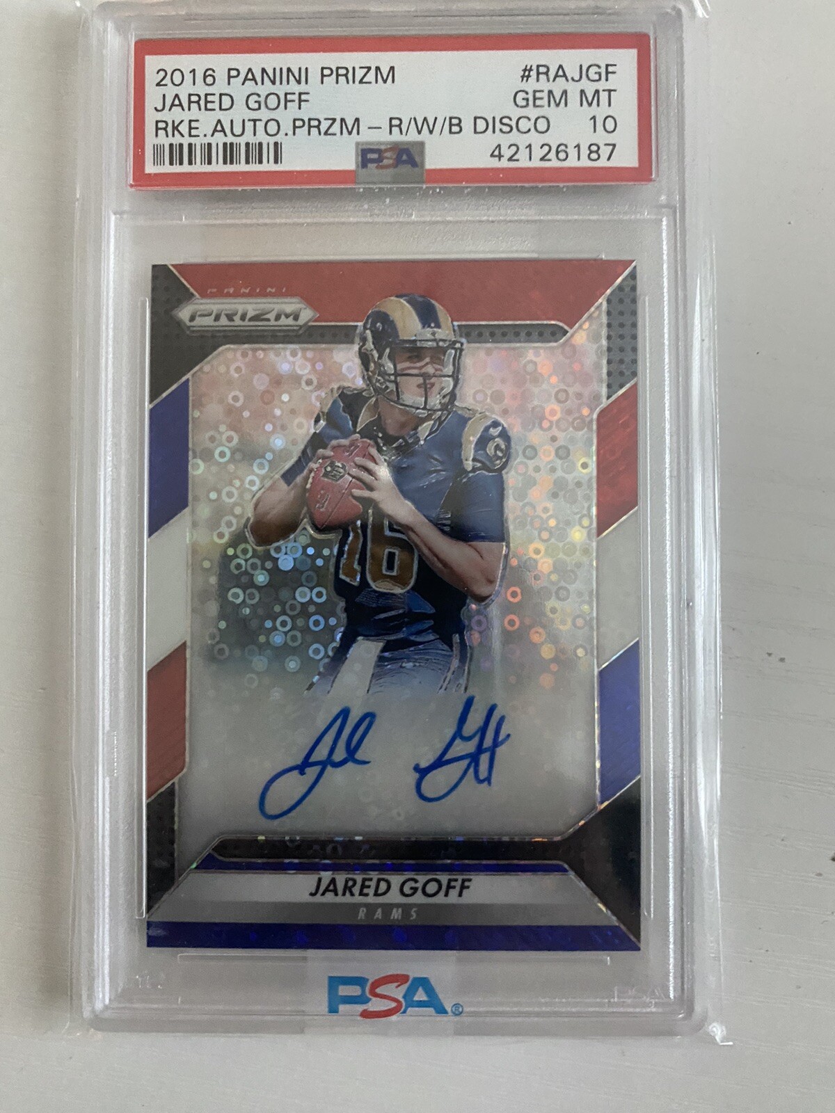 Jared Goff Panini Prizm Rookie Autograph Prizm #RAJGF Red/White/Blue Disco