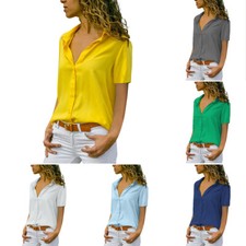 Summer Women Ladies V Neck Button Lapel Blouse Plain Short Sleeve Tops T Shirt