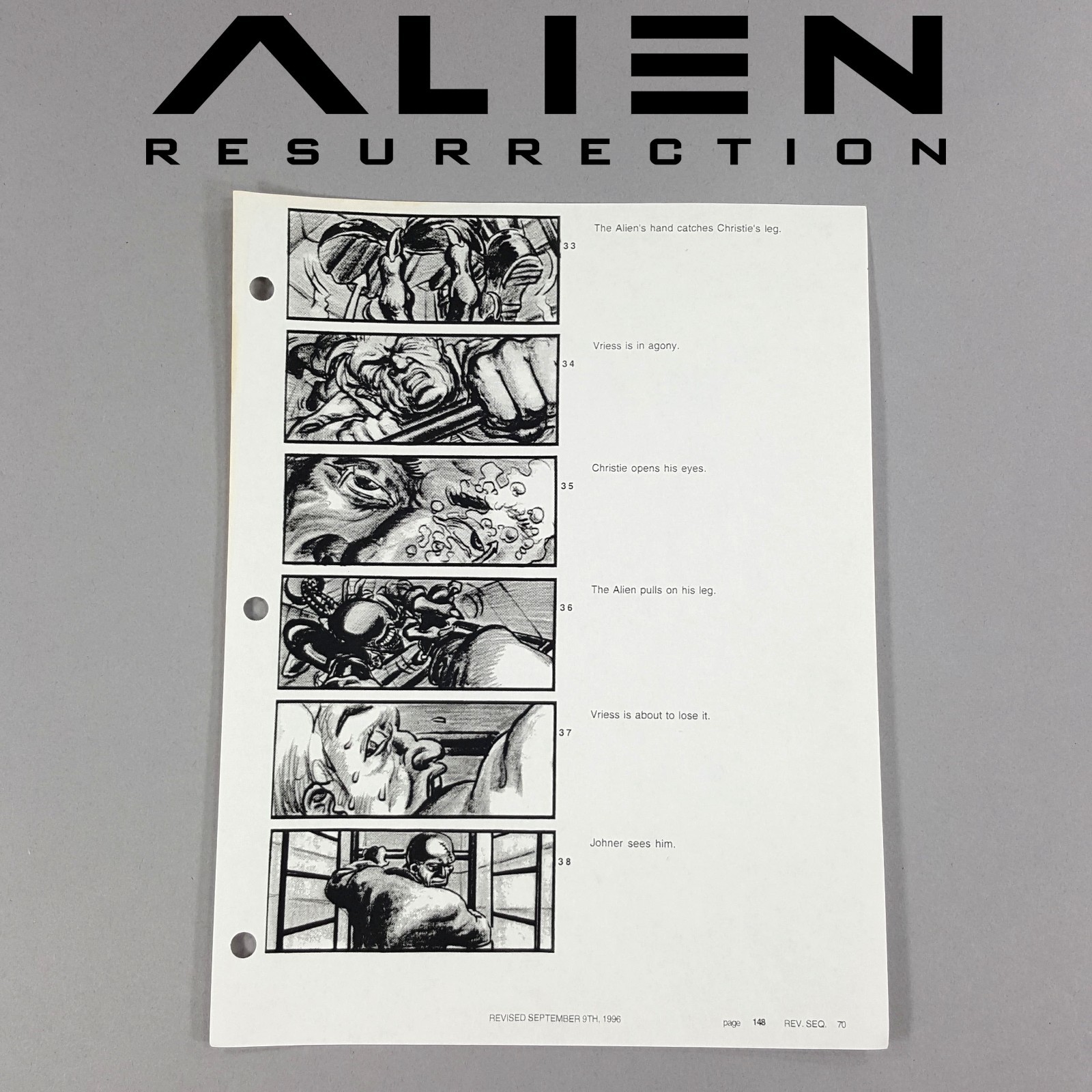 Alien: Resurrection - Production Used Storyboard, Alien Swims to Crew Movie Prop