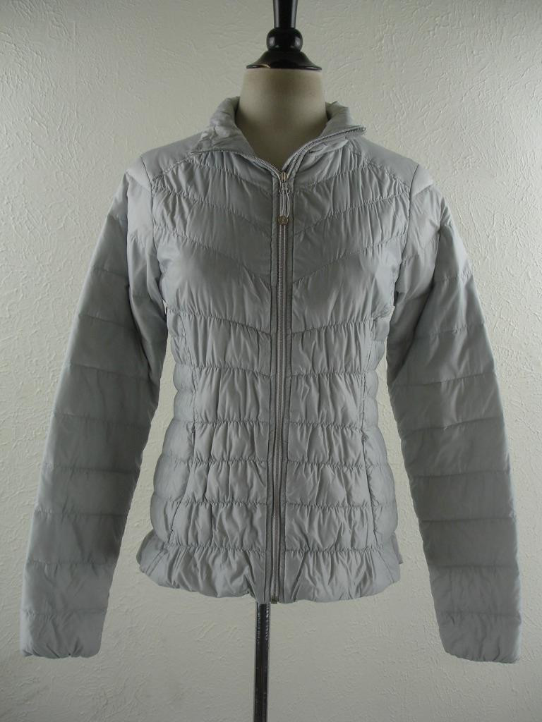 Women's sz M Athleta Banner Peak Gray Goose Down Puffer Quilted Jacket  Full-Zip