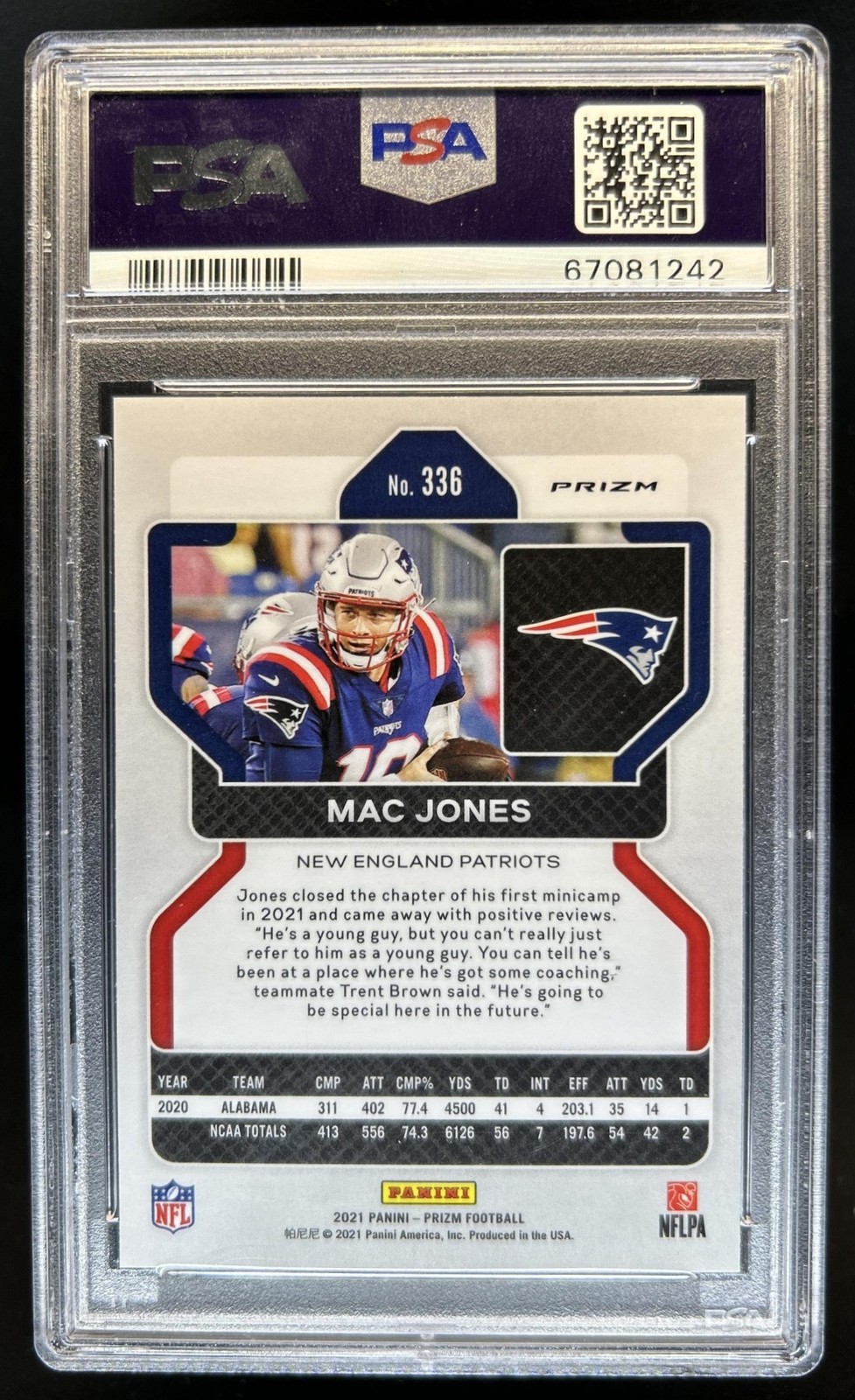 2021 Panini Prizm Mac Jones RC Lazer Rookie #336 Patriots PSA 10 GEM MINT view 2