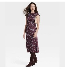 A New Day Women Small Burgundy Floral Ruched Satin Midi Dress Red Sleeveless NEW