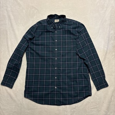 L.L. Bean Traditional Fit Plaid Mens Large Tall Button Long Sleeve Green Blue