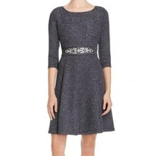 ELIZA J Gray Shimmer Rhinestone Embellished Waist Fit & Flare Dress     Size: 4