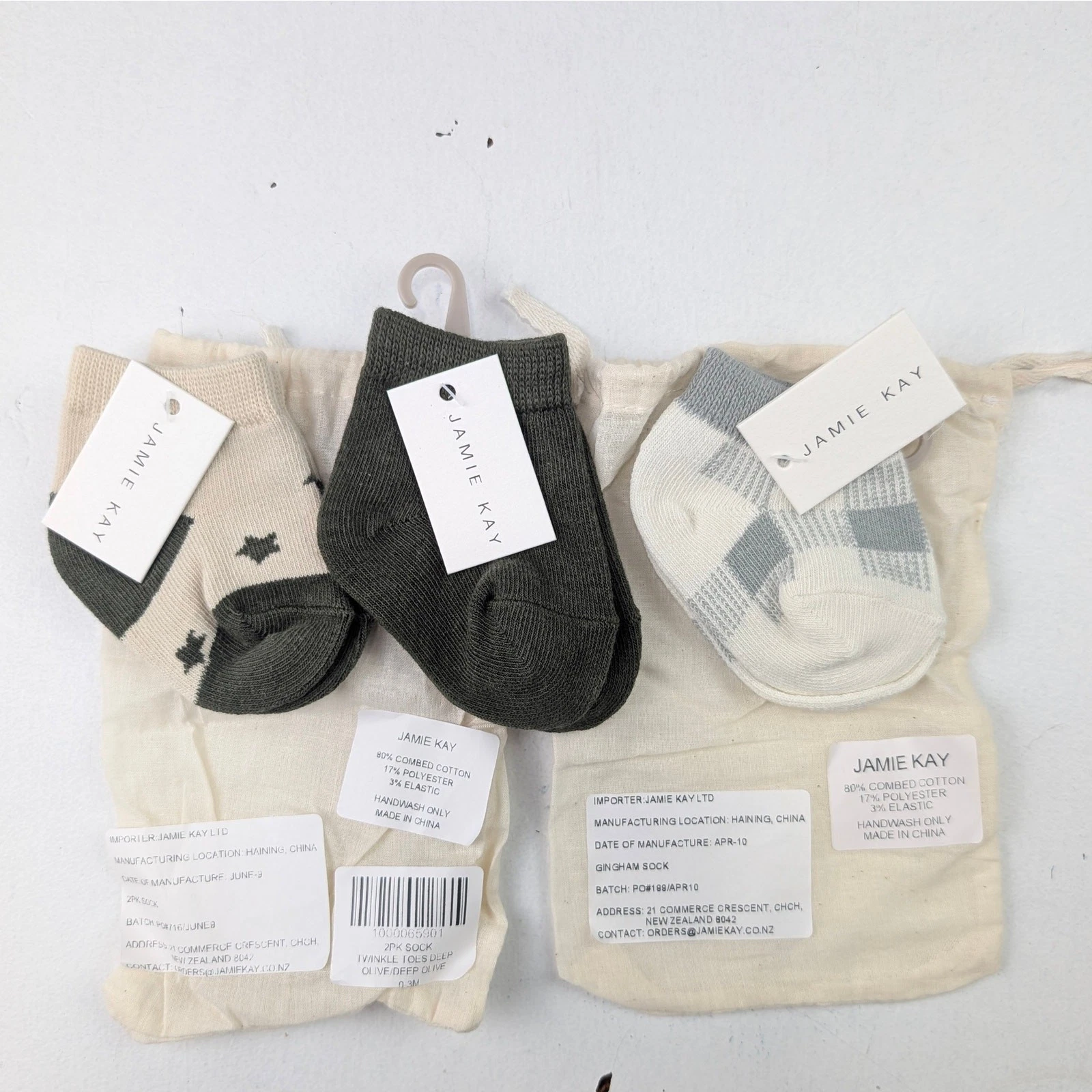Jamie Kay 3 Pairs Baby 0-3 Months Ankle Socks - Olive Twinkle Toes Gingham Gray