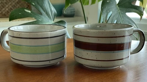 Vintage Otagiri Coffee Mugs Brown Green Striped Stoneware Qty 2