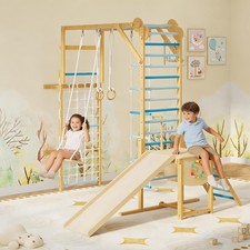 8-in-1 Indoor Jungle Gym for Kids Wooden Climbing Structure with Slide Swing
