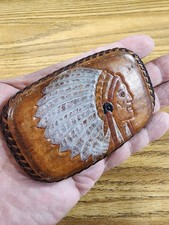 Native American Indian Belt Buckle Leather Whipstitch Chief Feather Textured