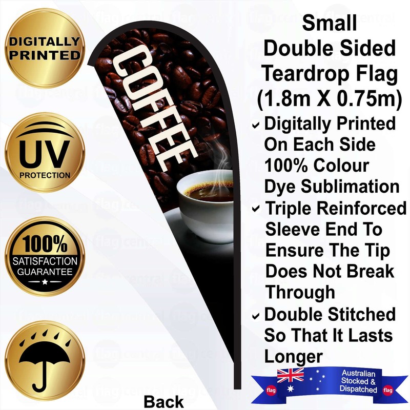 F - COFFEE Deluxe Double-Sided Brown 2.4m Teardrop Flag / Banner Kit with Pole Set, Galvanised Steel Ground Spike, Steel Outdoor Cross Base, Free 15kg Water Bag and a Free Carry Bag - 2