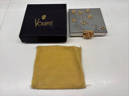Espejo compacto vintage años 30 Volupté dorado floral con pedrería con caja y funda - Imagen 1 de 17