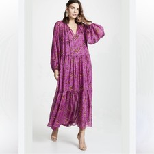 Ulla Johnson Abelia Kaftan Maxi Dress Size 2 Pink Long Sleeve Floral Tier Flowy
