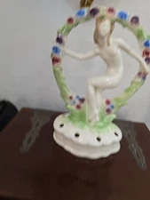 Art Deco Germany Porcelain Frog Nude Dancer w Flower Arch. Color
