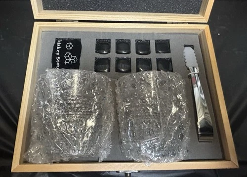 Whiskey Glasses Gift Set Stones Rocks Tongs Wooden Box Bourbon Scotch Alcohol
