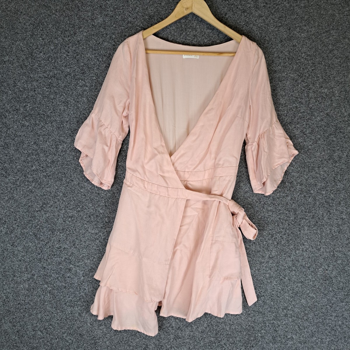 Kookai Womens Wrap Dress Size 34 AU6 Pink Linen Blend Bell Sleeve