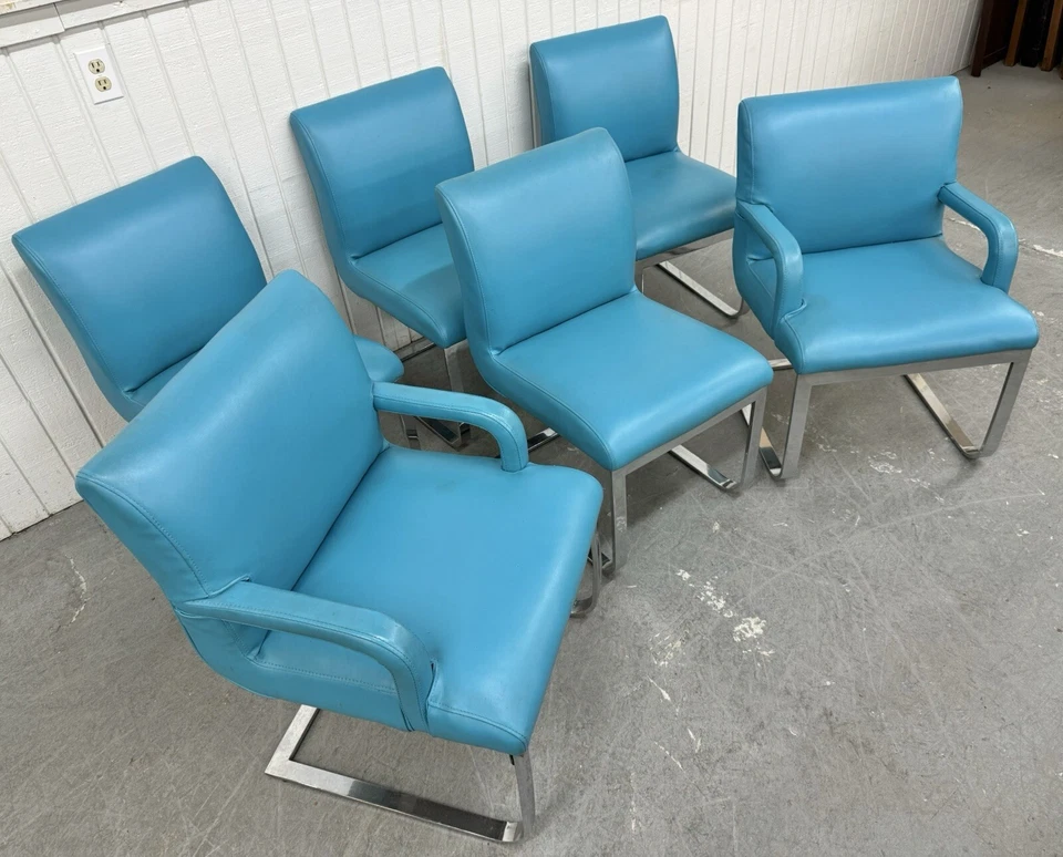 Sillas de comedor cromadas barra plana vinilo azul vintage - Juego de 6 Foto 4 de 4