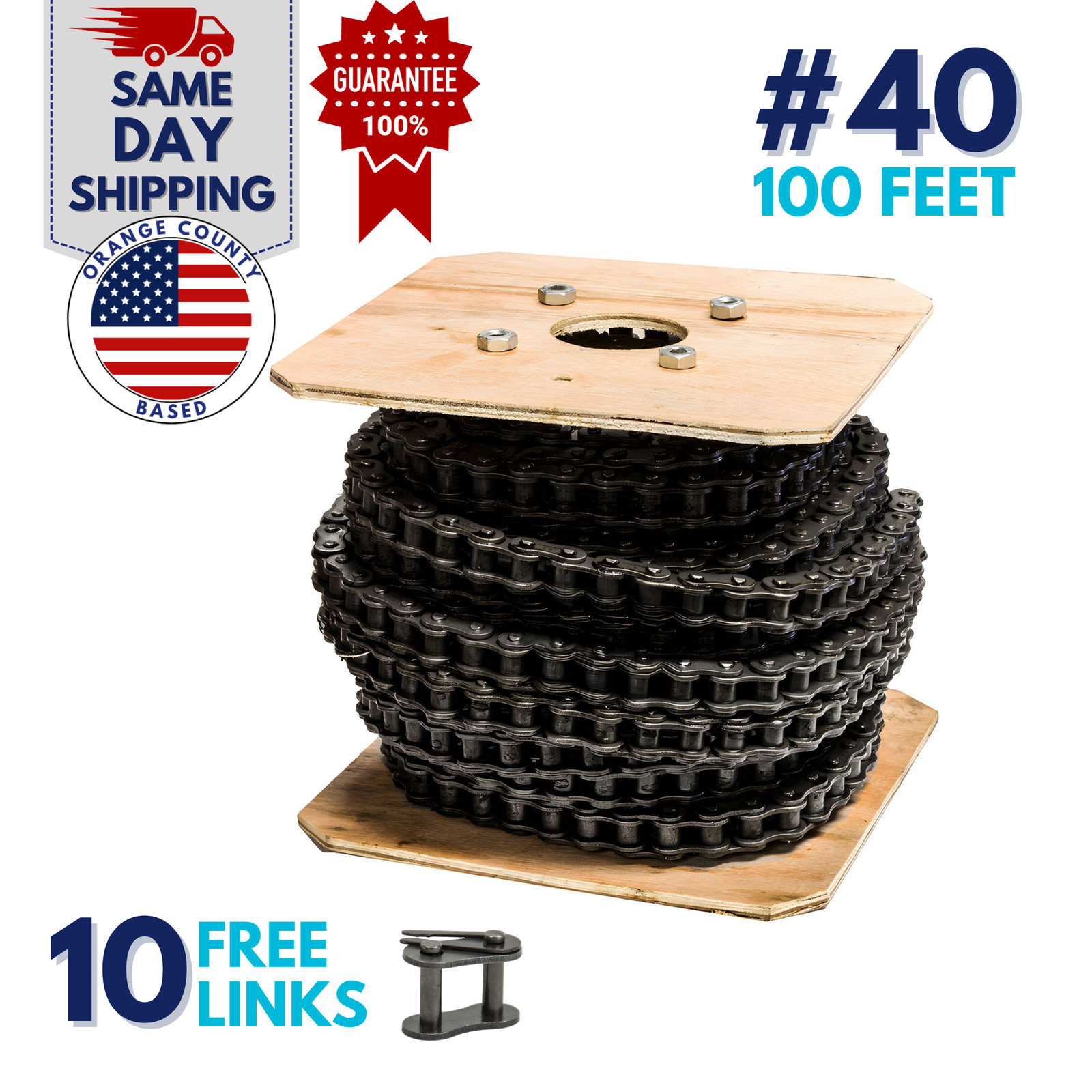#40 Roller Chain 100 Feet with 10 Connecting Links